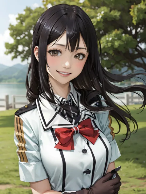 official art, Portrait, official art, best masterpiece, best quality, best resolution, 8K, best detailed, perfect anatomy
BREAK
chikumaKC, black hair, long hair, brown eyes, shirt, gloves,  bow, jacket, short sleeves, puffy sleeves, bowtie,uniform,  red bo...