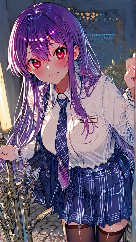 The first character is a 20-year-old girl with purple hair and red eyes wearing school clothes in Japan, with a happy guard 