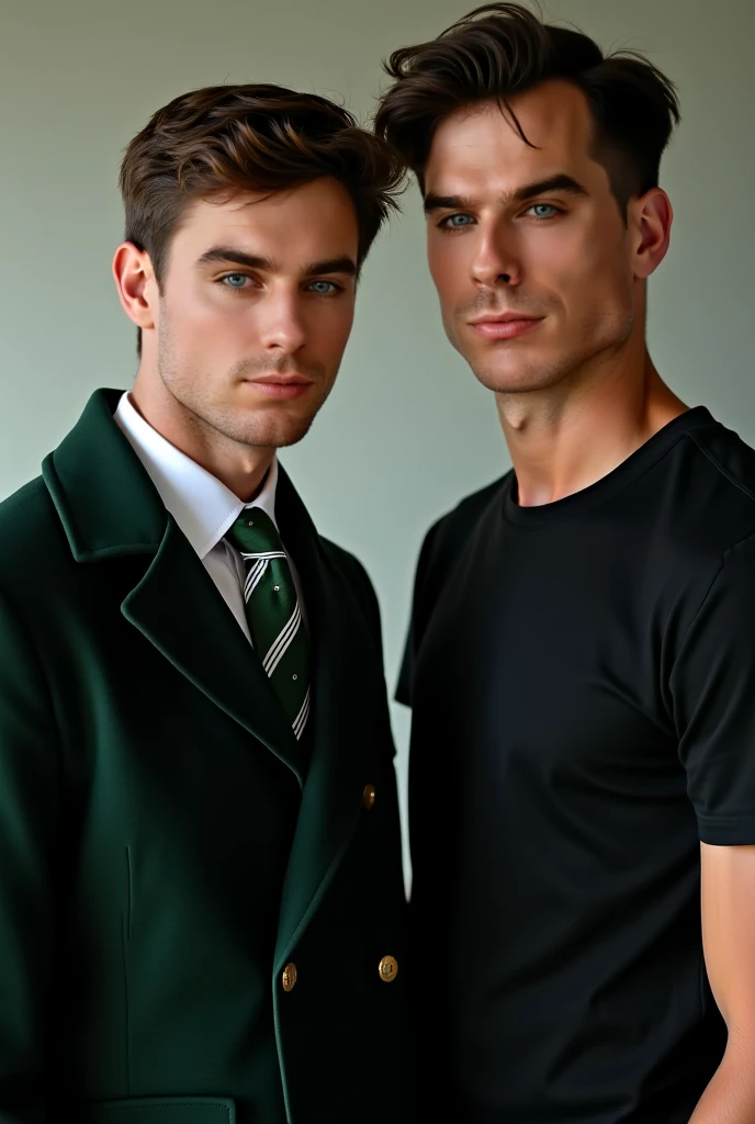 Two men standing together, one wearing a dark green coat over a white shirt, green tie and white stripes, and the other wearing a black t-shirt, couple, looking at the camera