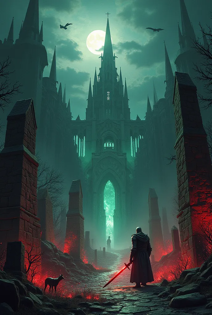 "Dark fantasy graveyard wall art, ultra-detailed digital painting, gothic necromancer theme, death knight in shattered armor wielding soulfire greatsword, bone citadel with spectral river, blood moon, and hooded necromancers summoning spirit vortex. Haunte...