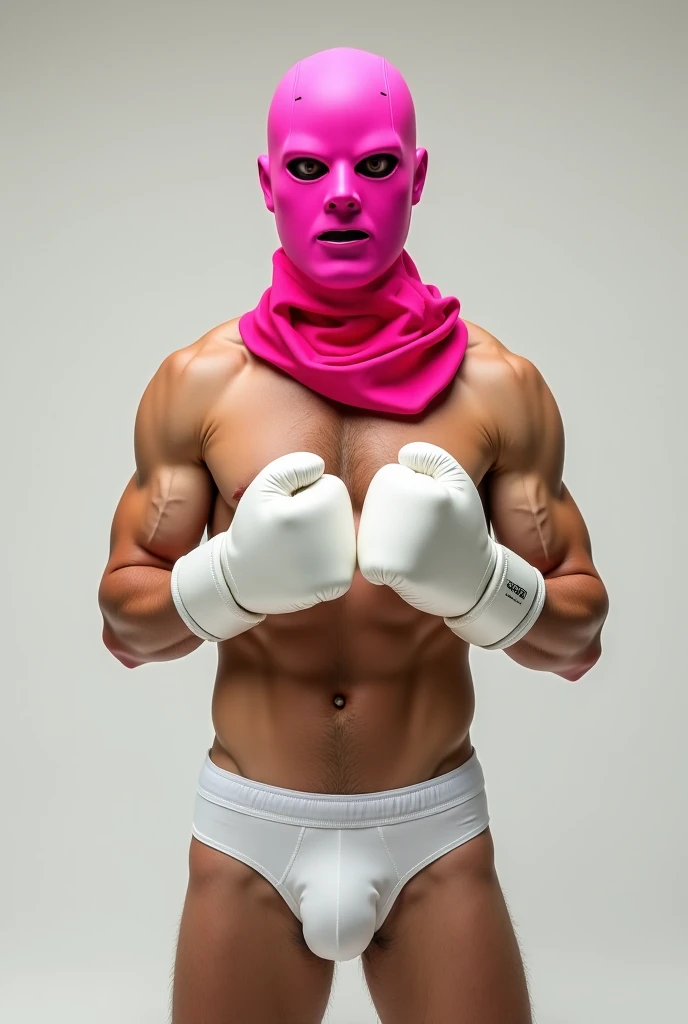 Man with pink thief mask and white boxing gloves in classic underwear