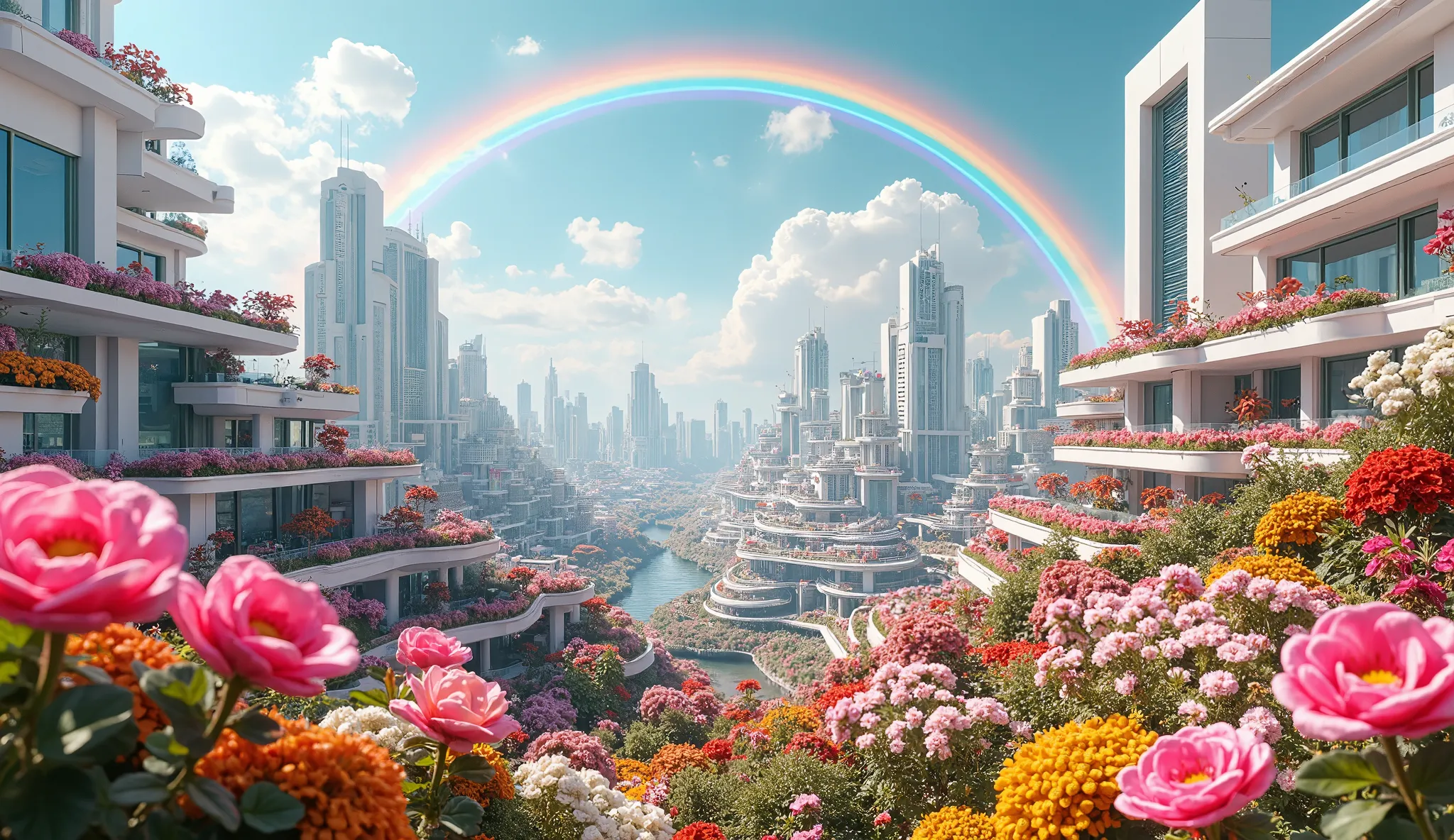 a solarpunk city seen from above, pink, red, white, yellow and pink flowers scattered everywhere, beautiful modern white buildings with huge windows, so colorful, so beuatiful, a big rainbow