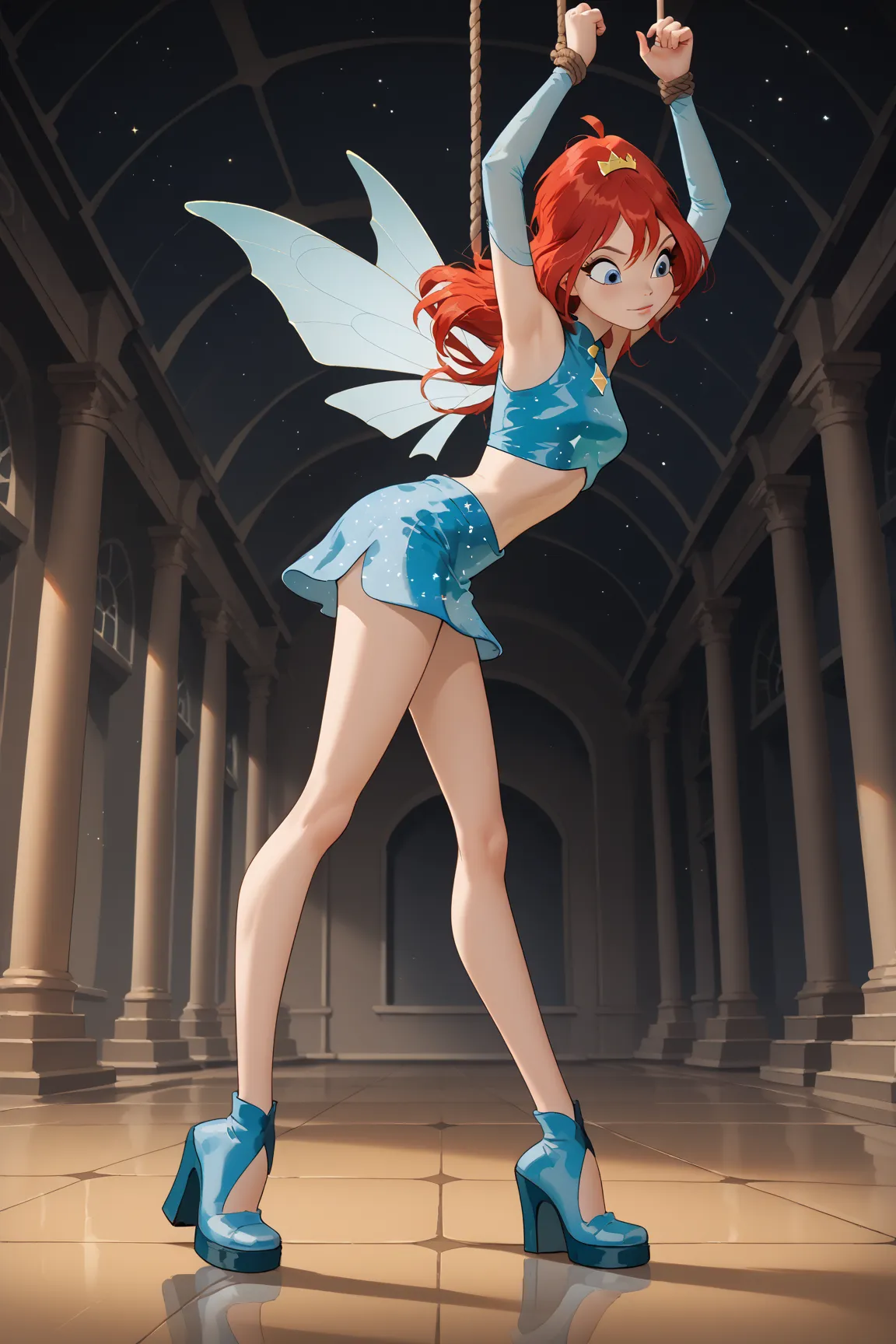 bloom (winx),charmix, wings, blue star pattern crop top, blue star pattern skirt, blue shoes, blue eyes, blue sleeves, hair ornament, red hair, stands on the floor, hands tied with a rope above his head to the ceiling, dark basement, side view, leaning for...