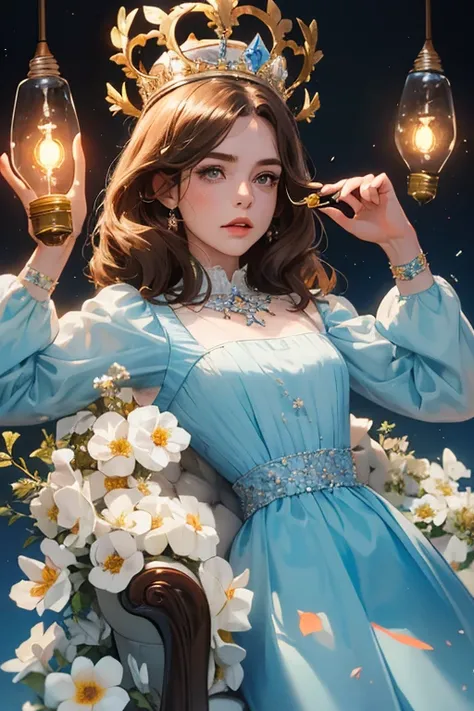 (   masterpiece,     High quality vaccines  ), 1 ,    Alone, (queen:1.15),        Brown hair,     light bulb,  cortina , blue floral dress, queen&#39;s Dress    ,    Aurora, (sunlight, null, Rio,     forest),     inexpressive,      red eyes  , (    art nou...