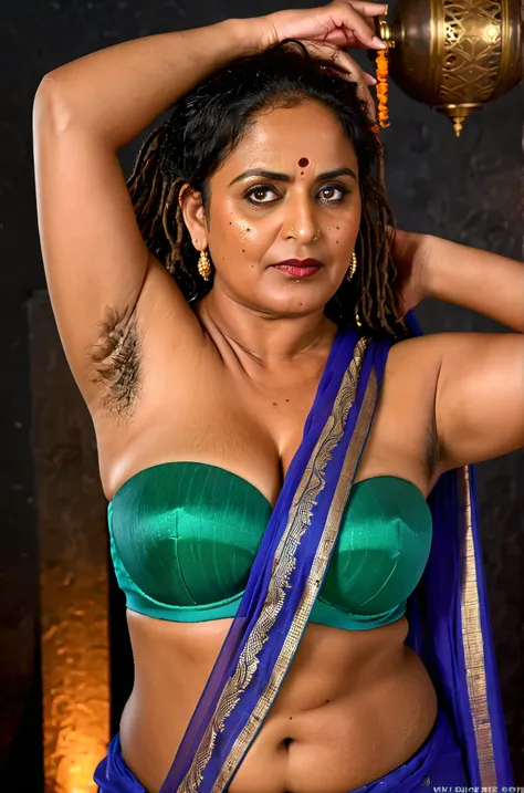 Looks like Anushka Shetty, 70 years old mature indian woman, (a Close-up Portrait photo of a sexy middle aged mature Indian woman),(solo), (metalic skin color),(Highly detailed face:1.4)(background inside dark, Moody, Private study:1.3),(split lighting: 1....