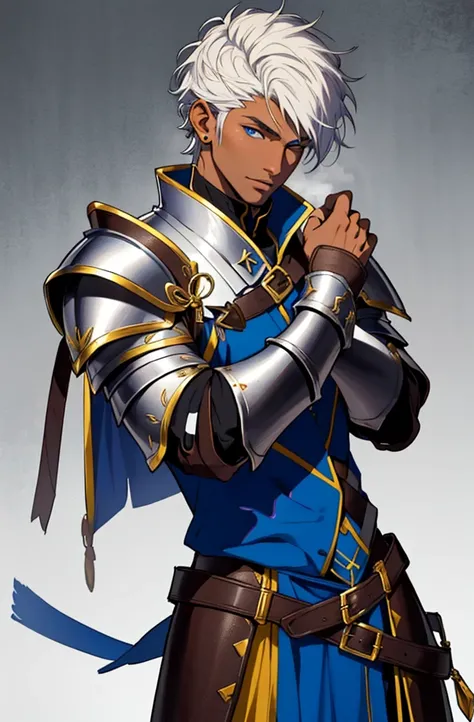 ((Masterpiece)) ((Best quality)), solo, portrait, arabian warrior, 1 mature male, fantasy, (muscular 2.0), (dark skin 2.0),  ((white short hair)), detailed blue eyes, (pride), fantasy armor, shoulder armor, no background, 8k