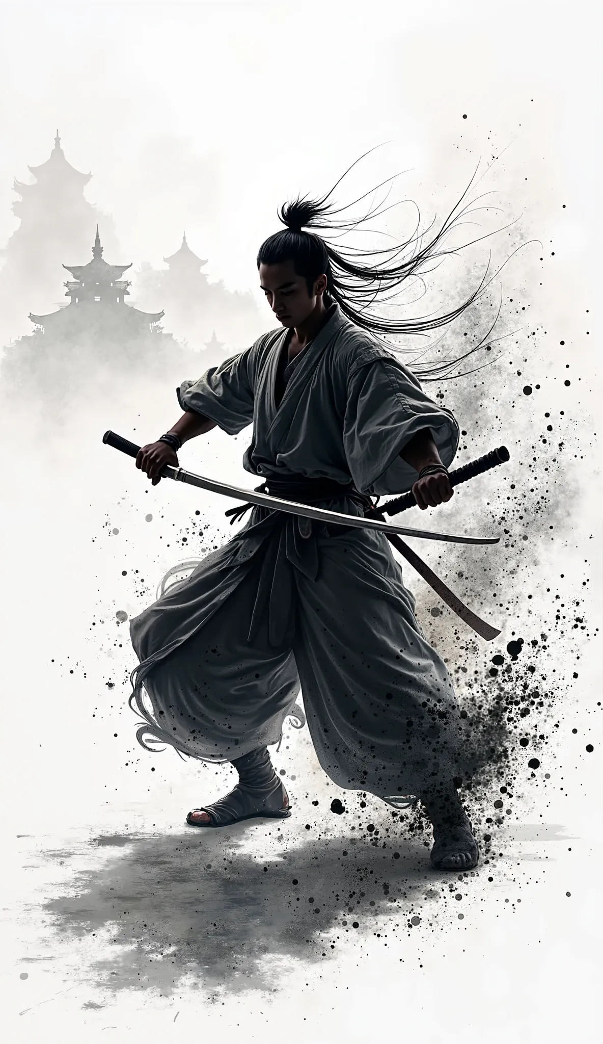 

```
Create a digital illustration depicting a samurai in liquid running ink while performing martial arts. The figure of the samurai must be formed by flowing lines of ink that flow and intertwine to create the shape of the warrior in motion. The ink mus...