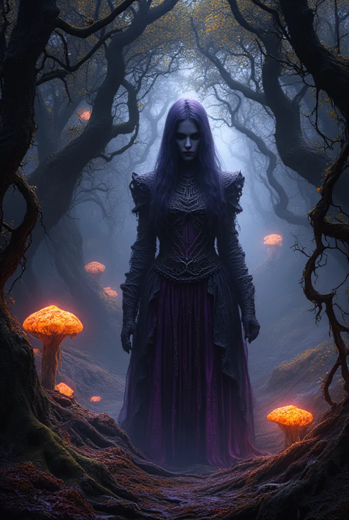  Dark fantasy concept art. Medium shot. A powerful sorceress stands amidst a mystical, ancient forest, surrounded by twisted, gnarled trees. Low angle shot. Greg Rutkowski style, with intricate, organic details. Soft, ethereal glow emanates from luminescen...