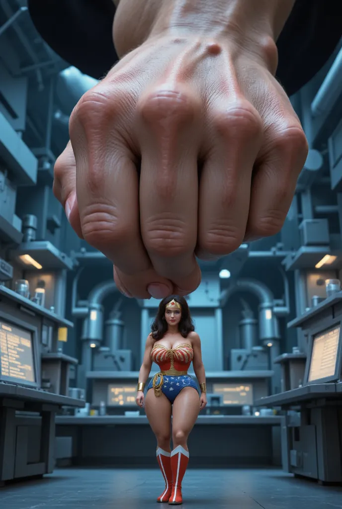 A highly detailed, ultra-realistic 8K image of Wonder Woman, now shrunken to just 6 inches tall, standing defiantly as an enormous hand reaches down and grabs her. She wears her iconic red and gold armor, with the golden eagle emblem gleaming on her chest,...