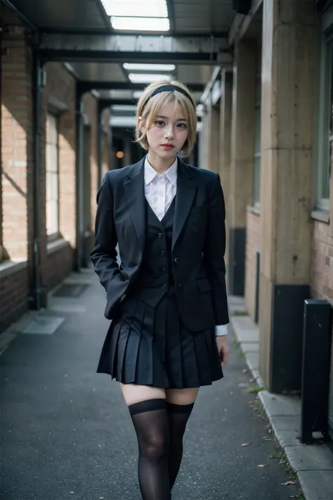 1 girl, full body photography, athletic, blonde hair, school uniform, gray cut suit jacket, Satoko, mid-short hair, wide hips, Volumetric lighting, best quality, masterpiece, intricate details, tone mapping, Sharp focus, hyper detailed, trending on artstat...