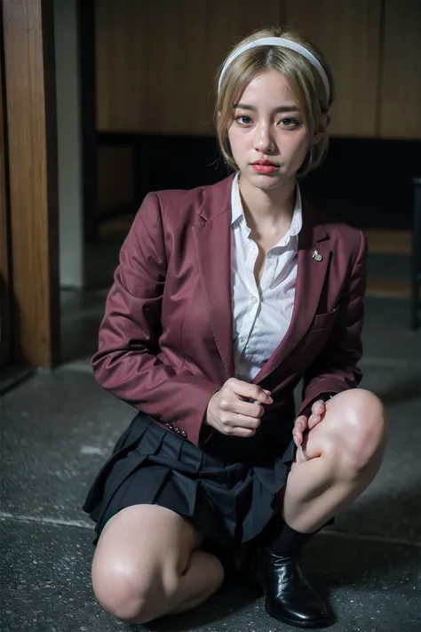 1 girl, full body photography, athletic, blonde hair, school uniform, gray cut suit jacket, Satoko, mid-short hair, wide hips, Volumetric lighting, best quality, masterpiece, intricate details, tone mapping, Sharp focus, hyper detailed, trending on artstat...