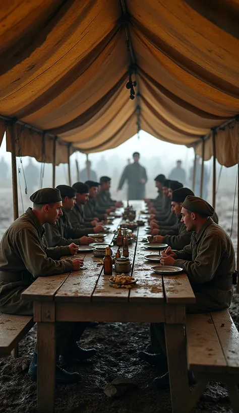 A highly detailed 8K image of a World War I food tent, set in a muddy and war-torn encampment. Inside the large, weathered canvas tent, soldiers in worn uniforms and caps sit on wooden benches around a long, rough-hewn table. Their faces show exhaustion as...