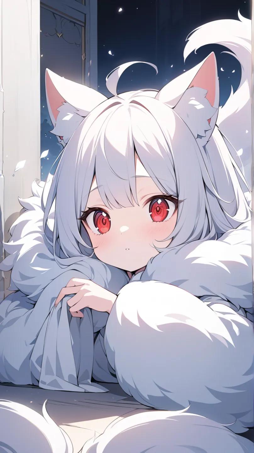 1 girl,  eyelashes, random expression:0.6, zitoida,multi-colored hair,big breasts,  black hair,  hair between eyes, red eyes,masterpiece, Highest quality,fur, chemo mimi,Animal Ears,Big tail,Alluring