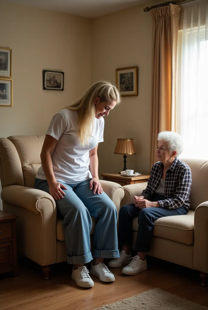 The scene is set in a cozy, standard apartment with soft lighting and warm decor. To the right, a couch holds the elderly grandparents—small, frail, and dressed in typical grandparent attire. They sit close together, sipping tea and chatting calmly, their ...