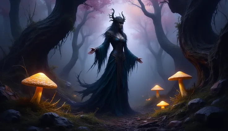  Dark fantasy concept art. Medium shot. A powerful sorceress stands amidst a mystical, ancient forest, surrounded by twisted, gnarled trees. Low angle shot. Greg Rutkowski style, with intricate, organic details. Soft, ethereal glow emanates from luminescen...