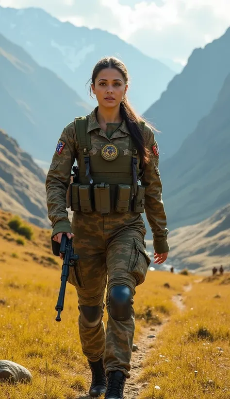 A beautiful young female soldier, 20 years old, strides forward with unwavering confidence across a vast grassland with the towering Himalayas in the background. Her striking face, a blend of elegance and determination, is partially illuminated by the gold...