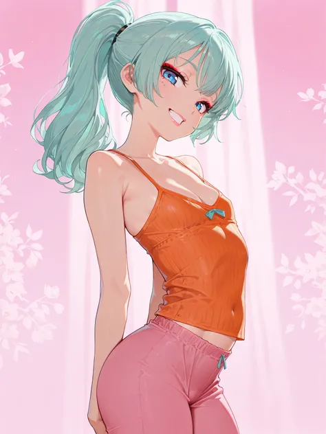 ((masterpice)), ((best qulity)), ((highres, absurdres)), ((detailed)), anime, 1girl, solo, arched back, loli, detailed face, thighs, small breasts, , , cleavage, orange camisole, pink pants, ponytail, aqua hair, , , head tilt, makeup, (country background, ...