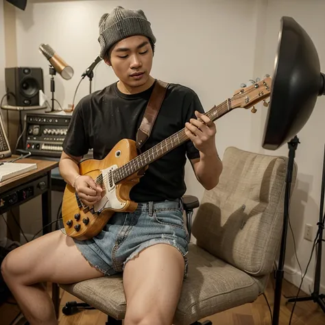 Sexy cute asian man with guitar sitting on chair and writing a song in studio/tom of humor /  half-body view