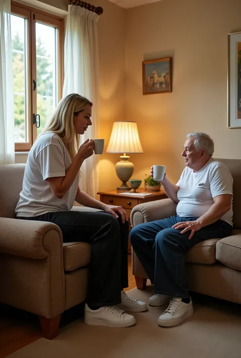 The scene is set in a cozy, standard apartment with soft lighting and warm decor. To the right, a couch holds the elderly grandparents—small, frail, and dressed in typical grandparent attire. They sit close together, sipping tea and chatting calmly, their ...