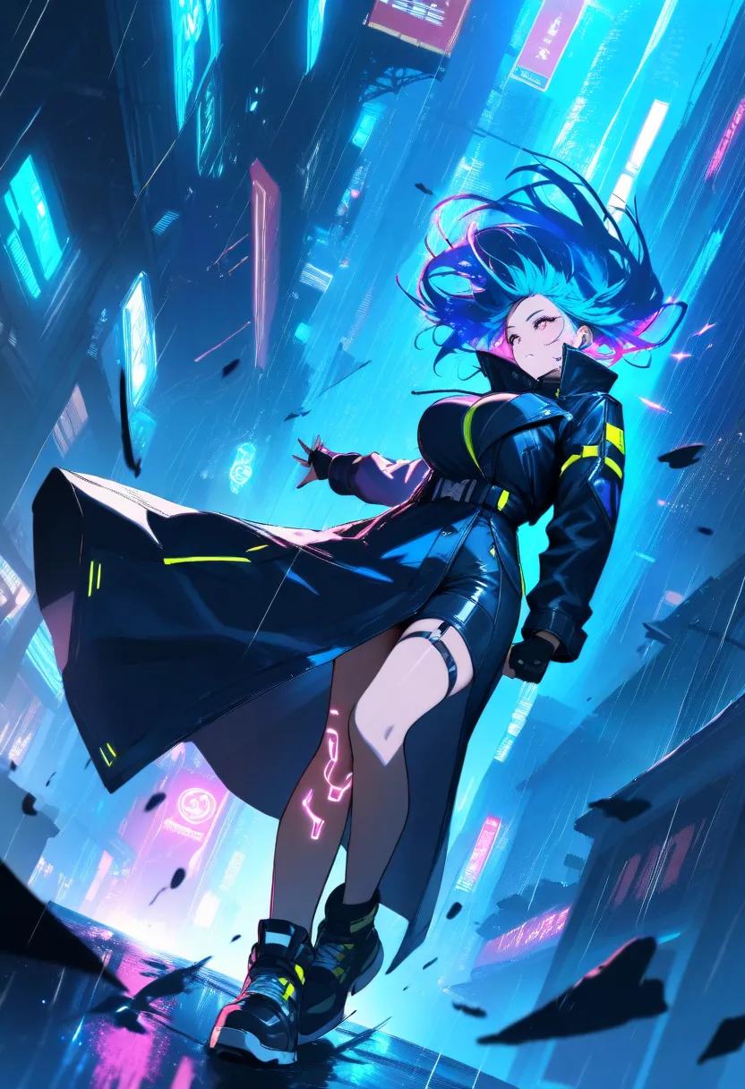 1girl, original character, cyberpunk courier, neon-blue hair, trench coat flapping violently, striding against hurricane winds, rain blown sideways, holographic cityscape, glowing circuit tattoos, flying debris, dynamic angle, sharp focus, cinematic lighti...