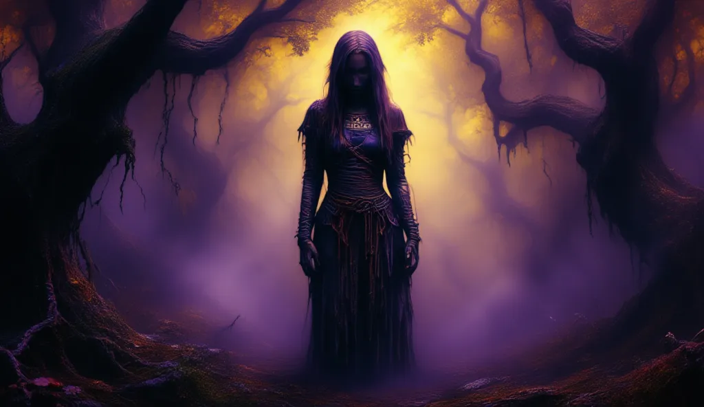  Dark fantasy concept art. Medium shot. A powerful sorceress stands amidst a mystical, ancient forest, surrounded by twisted, gnarled trees. Low angle shot. Greg Rutkowski style, with intricate, organic details. Soft, ethereal glow emanates from luminescen...