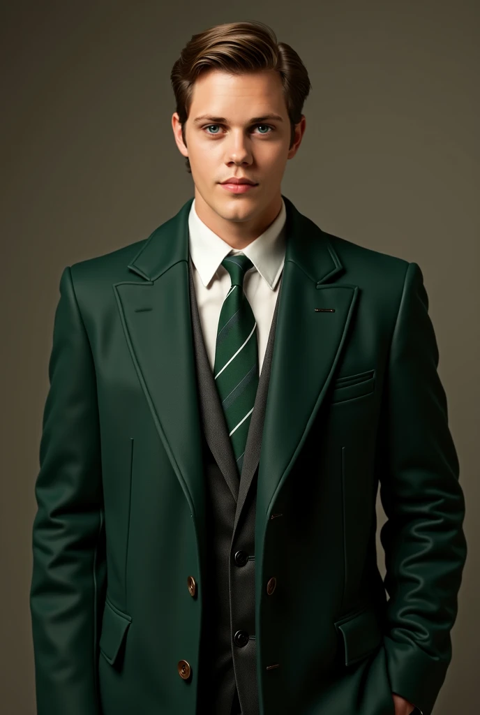  Tall man , one wearing a dark green coat over a white shirt, green tie and white stripes, brown hair, green eyes, looking at the camera 