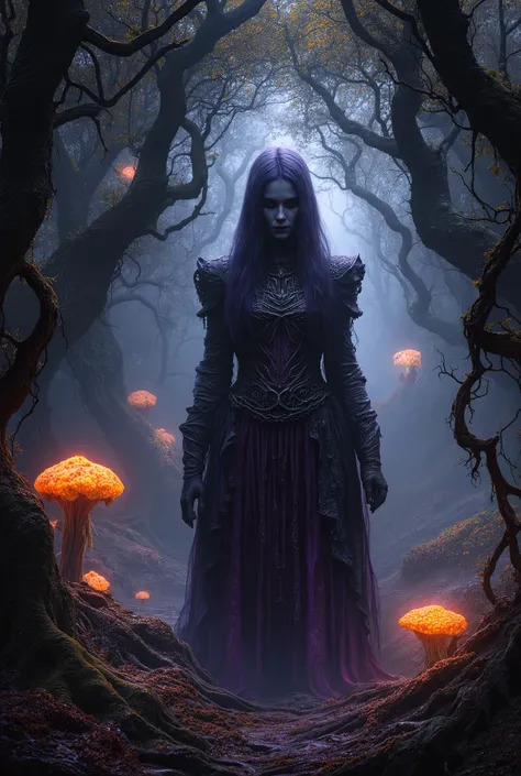  Dark fantasy concept art. Medium shot. A powerful sorceress stands amidst a mystical, ancient forest, surrounded by twisted, gnarled trees. Low angle shot. Greg Rutkowski style, with intricate, organic details. Soft, ethereal glow emanates from luminescen...