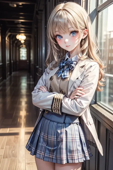 (masterpiece),(Highest quality:1.2),((perfect anatomy)),(( cross your arms a little)),(1 girl),(flat chest),Highest quality,(royal blue white plaid mini skirt:1.3),(uniform, short jacket ),( long pink gold hair), beautiful detailed blue eyes ,(((beautiful)...