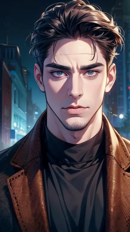 (  idiot,4K,8k,   highres,  masterpiece:1.2),   ultra-detailed,(Realistic,photoRealistic,photo-Realistic:1.37),36-year-old man,3 day beard,cute anime ,Portraits,strong,masculine,   dark hair,sharp jaw,      mesmerizing eyes      ,   perfectly combed hair, ...