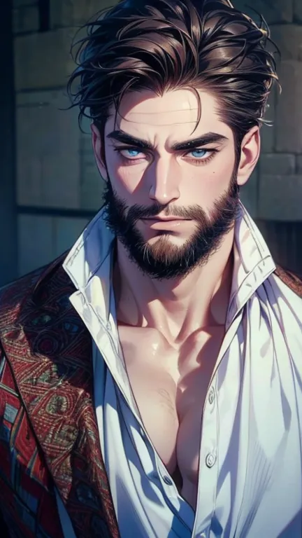 (  idiot,4K,8k,   highres,  masterpiece:1.2),   ultra-detailed,(Realistic,photoRealistic,photo-Realistic:1.37),36-year-old man,3 day beard,cute anime ,Portraits,strong,masculine,   dark hair,sharp jaw,      mesmerizing eyes      ,   perfectly combed hair, ...