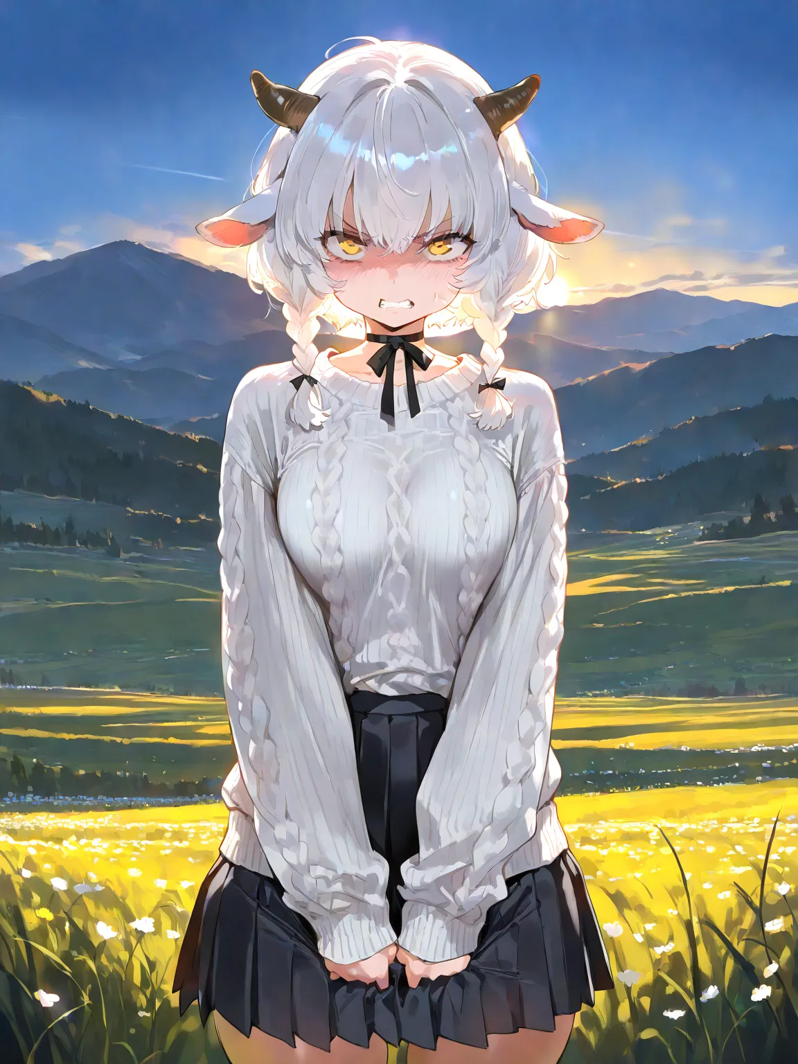 (masterpiece, best quality, amazing quality, very aesthetic, cinematic lighting:1.4,incredibly_absurdres), hill, meadow, lamb girl, \(solo, small breasts, yellow eyes, black Ribbon choker, black pleated skirt, white knit sweater, short hair, White hair, do...