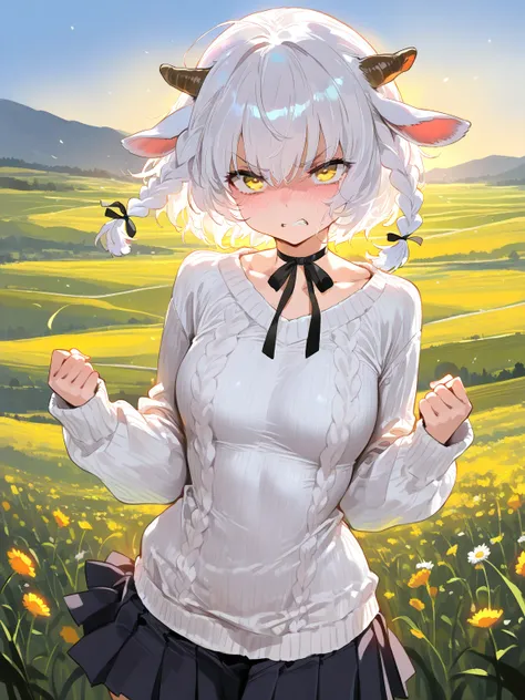 (masterpiece, best quality, amazing quality, very aesthetic, cinematic lighting:1.4,incredibly_absurdres), hill, meadow, lamb girl, \(solo, small breasts, yellow eyes, black Ribbon choker, black pleated skirt, white knit sweater, short hair, White hair, do...