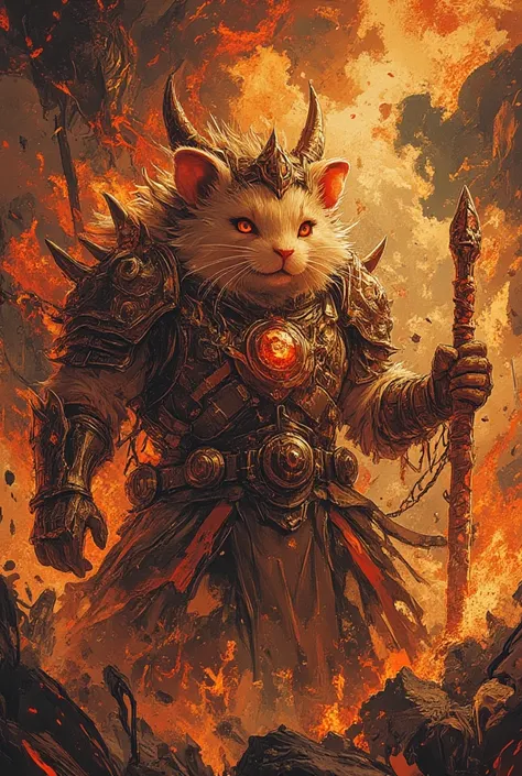 demon king hamster ,Fantasy Style,  masterpiece, Best quality, Super Detail,4K, standing in a hellish sea of flames ,  extremely detailed 8k photo with very realistic presentation,  dramatic lighting ,  kinematic composition , epic fantasy scene ,fluffy,bu...