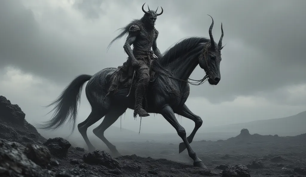 A demonic creepy centaur. He has a medieval battle axe in his hand. A mutant. A mixture of a man and a horse. strong torso, muscular arms. long Mongolian mustache. long black hair, a fur hat on his head with long black horns. He rides through the creepy Mo...