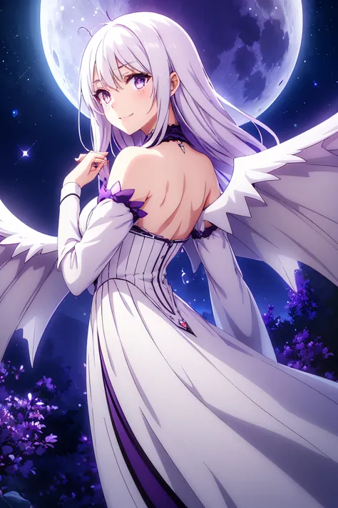 1 girl,  Anime Girl,  white hair, Prominence, purple eyes, midnight white dress, wide sleeve , big dark purple bat wings, long pointed tail, Moon Background, Shining Moon, Twinkling Stars々, beautiful, wind, Cold Night,  romantic,  blanking, smile, close-up...