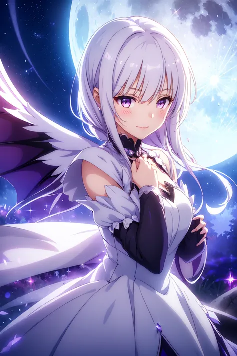 1 girl,  Anime Girl,  white hair, Prominence, purple eyes, midnight white dress, wide sleeve , big dark purple bat wings, long pointed tail, Moon Background, Shining Moon, Twinkling Stars々, beautiful, wind, Cold Night,  romantic,  blanking, smile, close-up...