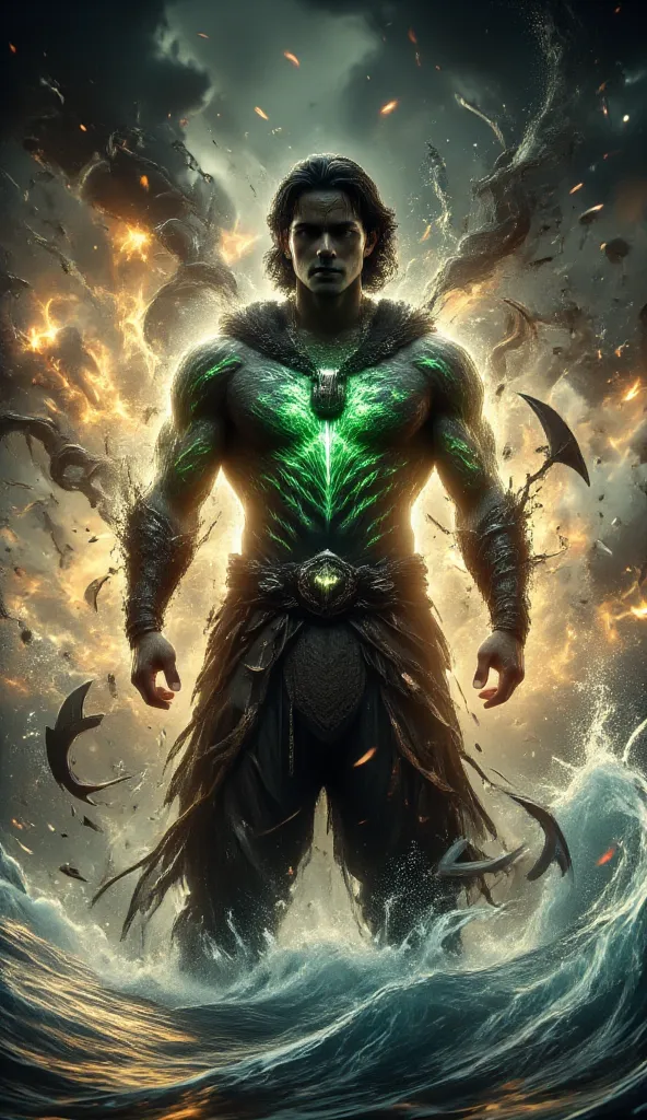 A powerful superhero warrior stands tall on a pristine tropical beach, his muscular body covered in intricate Samoan tatau (tattoos) that pulse with a mystical green glow. His stance is unshakable, exuding strength and determination as ocean waves crash be...