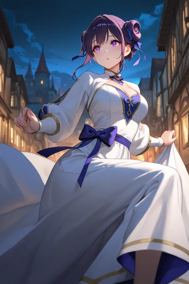 beautiful girl, bow bun hairstyle, attractive, top quality, masterpiece, curious face, purple eyes, priestess outfit, town background, cinematic shot, dark ambience, night time, dynamic pose, mysterious