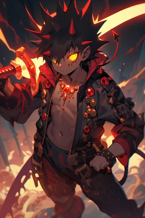 Guy with grey spiky hair and red strands that covers left eye and has jewels in hair  and red and yellow glowing eyes  and wearing a cool jacket with no shirt  and demon pants and demon boots a nd hook swords in hands and has cool glowing symbols on body