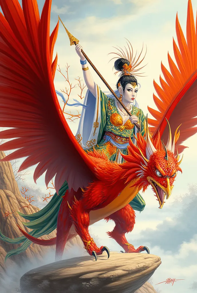 Jiutian Xuannü, la déesse chinoise à la peau blanche comme neige, est représentée debout sur le dos d'un phénix de couleur cinabre (rouge vif) en plein vol. Le phénix a ses ailes largement déployées, suggérant le mouvement et la puissance. Les plumes de l'...