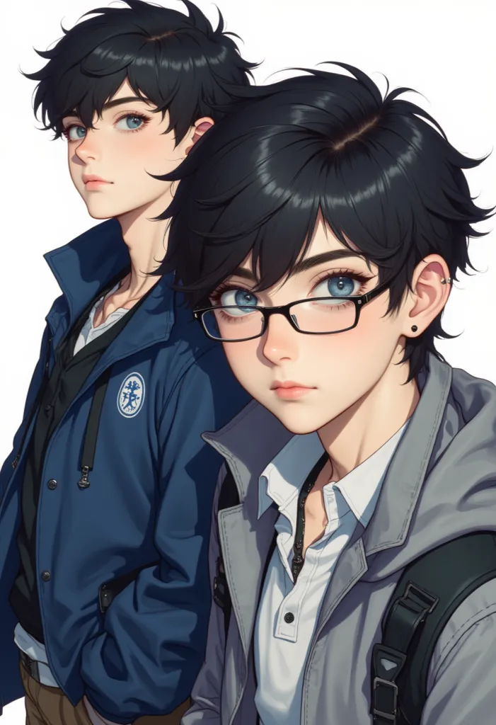 Create an anime-style image of a handsome nerdy boy with blue eyes, black glasses and black hair and pale skin, along with another boy next to him, a handsome, green-eyed sporty anime boy with white skin, intermediate and sweaty. 