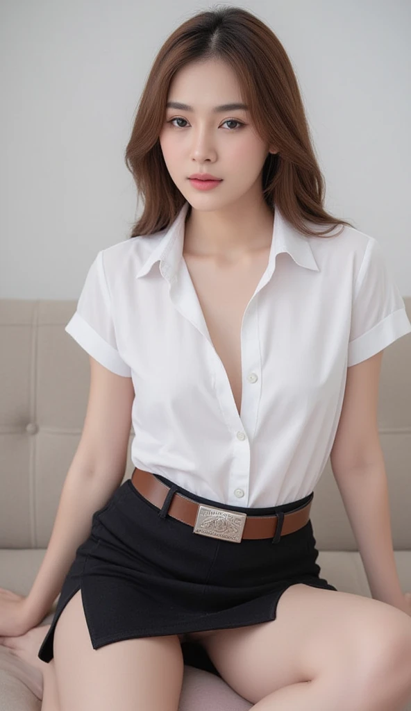 young Asian girl with brown hair, slender, wearing a white short-sleeve blouse, dimly see bra inside, her shirt tucked into a short black pencil skirt with side slit, suede dark brown with university rectangle silver emblem belt at her waist, sexy sit leg ...