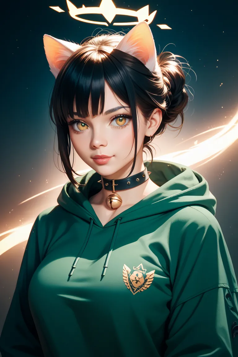  green hoodie　 black hair　medium short
Hair is barbed outward　Halo　 collar 　Big Breasts　yellow eyes all the way to the tip　human　Cat ears