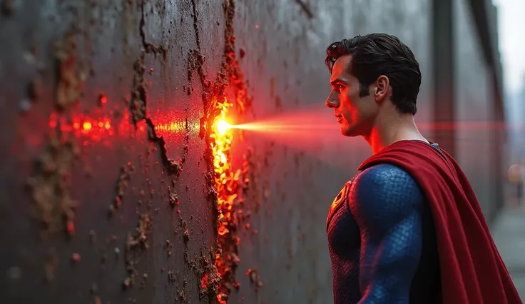 superman en combinaison moulante bleu vif et cape rouge se tient face à un immense mur métallique. Son regard est intense et concentré. Soudain, ses yeux émettent deux puissants rayons laser rouge, chauffant et faisant fondre la surface du mur. Des étincel...