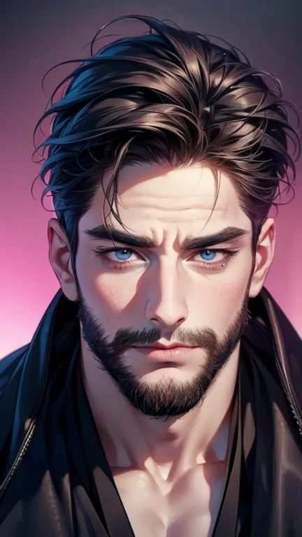 (  idiot,4K,8k,   highres,  masterpiece:1.2),   ultra-detailed,(Realistic,photoRealistic,photo-Realistic:1.37),36-year-old man,3 day beard,cute anime ,Portraits,strong,masculine,   dark hair,sharp jaw,      mesmerizing eyes      ,   perfectly combed hair, ...