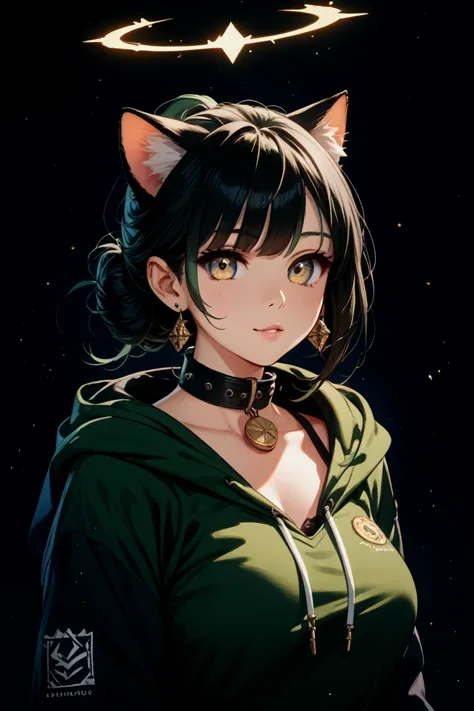  green hoodie　 black hair　medium short
Hair is barbed outward　Halo　 collar 　Big Breasts　yellow eyes all the way to the tip　human　Cat ears