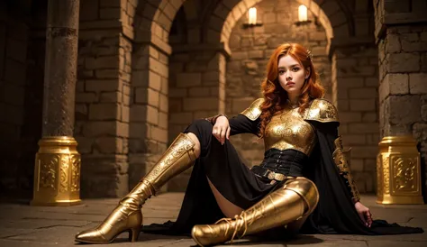 creates an image of a very beautiful girl about 23 years old,  of fair skin,  orange hair, curly and golden-eyed. She has a body in the shape of a warrior and is wearing a golden medieval armor with dragon motifs. It is located in a dungeon of a medieval c...