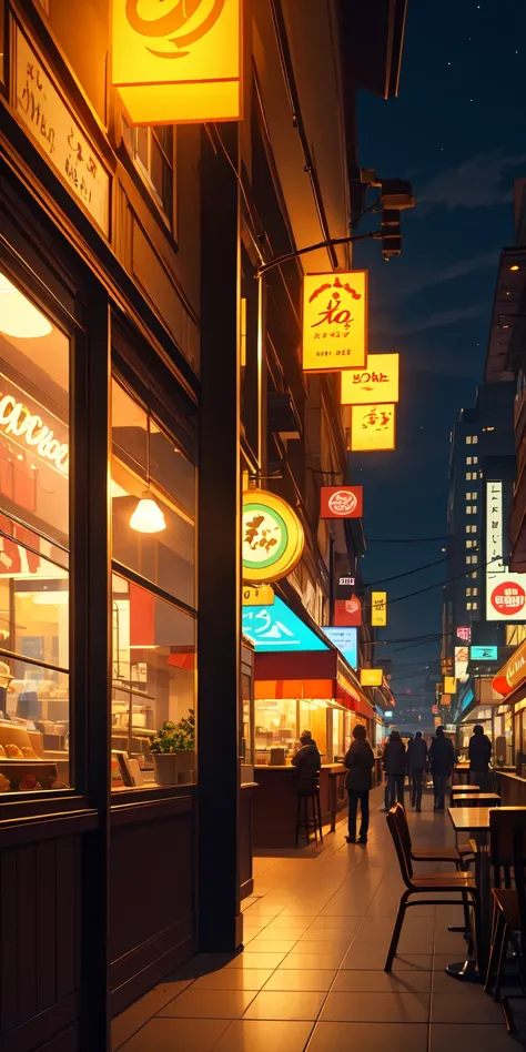 A cafe stands quietly in the city's late night. Warm light spills from its glass windows, and a sense of tranquility fills the interior. Tables and chairs are neatly arranged, and a softly glowing lamp sits on the counter. Outside, neon lights shine faintl...