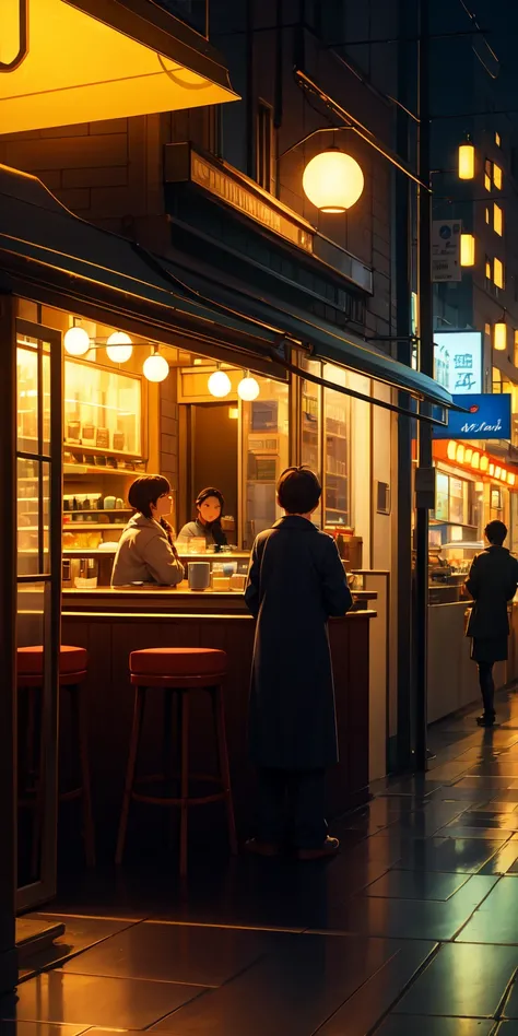 A cafe stands quietly in the city's late night. Warm light spills from its glass windows, and a sense of tranquility fills the interior. Tables and chairs are neatly arranged, and a softly glowing lamp sits on the counter. Outside, neon lights shine faintl...