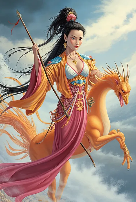 Jiutian Xuannü se tient debout avec grâce sur le dos d'un phénix écarlate en plein vol. Ses courbes féminines sont subtilement mises en valeur par une robe aux couleurs de l'arc-en-ciel, à la fois fluide et moulante. Le tissu soyeux épouse ses formes, révé...